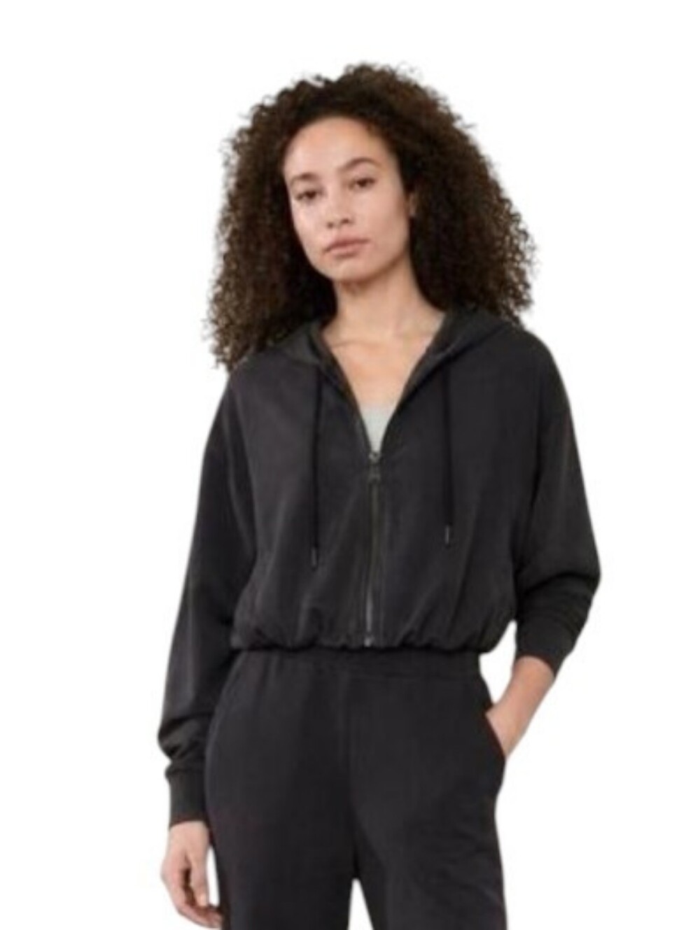 Athleta Seasoft Bubble Hem Full Zip Hoodie Sweatshirt Black Gray Medium Modal